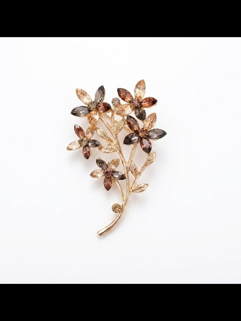 Gold Floral Crystal Brooch - Brown and Champagne